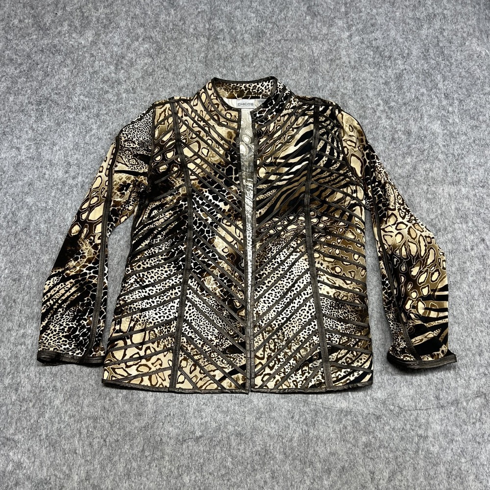 Chicos Cardigan Womens 1 Beige Animal Print Stretch Collared Jacket Preppy